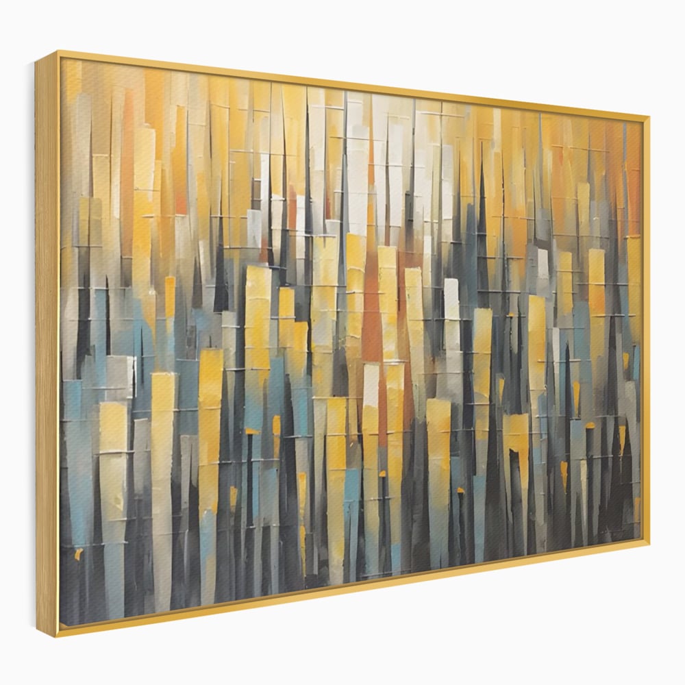 Tablou canvas cu pictura abstracta cu dungi verticale aurii, in rama de aluminiu auriu